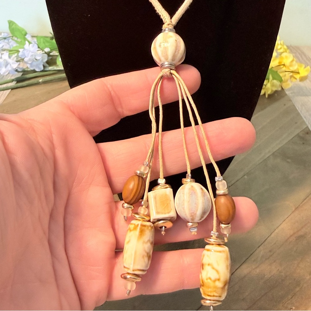 J. Jill Cream and Brown Beaded Tassel Necklace - Picture 3 of 5